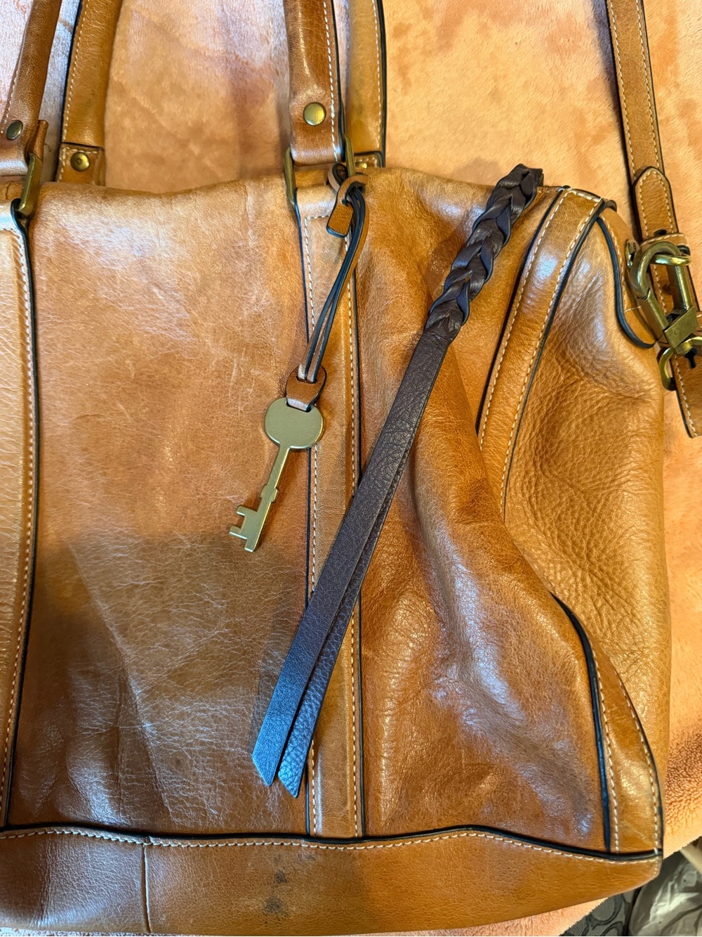 Fossil Tan Leather Satchel with Key Charm - Picture 2 of 9